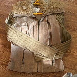 Live a Little Metallic Taupe Zip-Front Jacket with Faux Fur Collar
